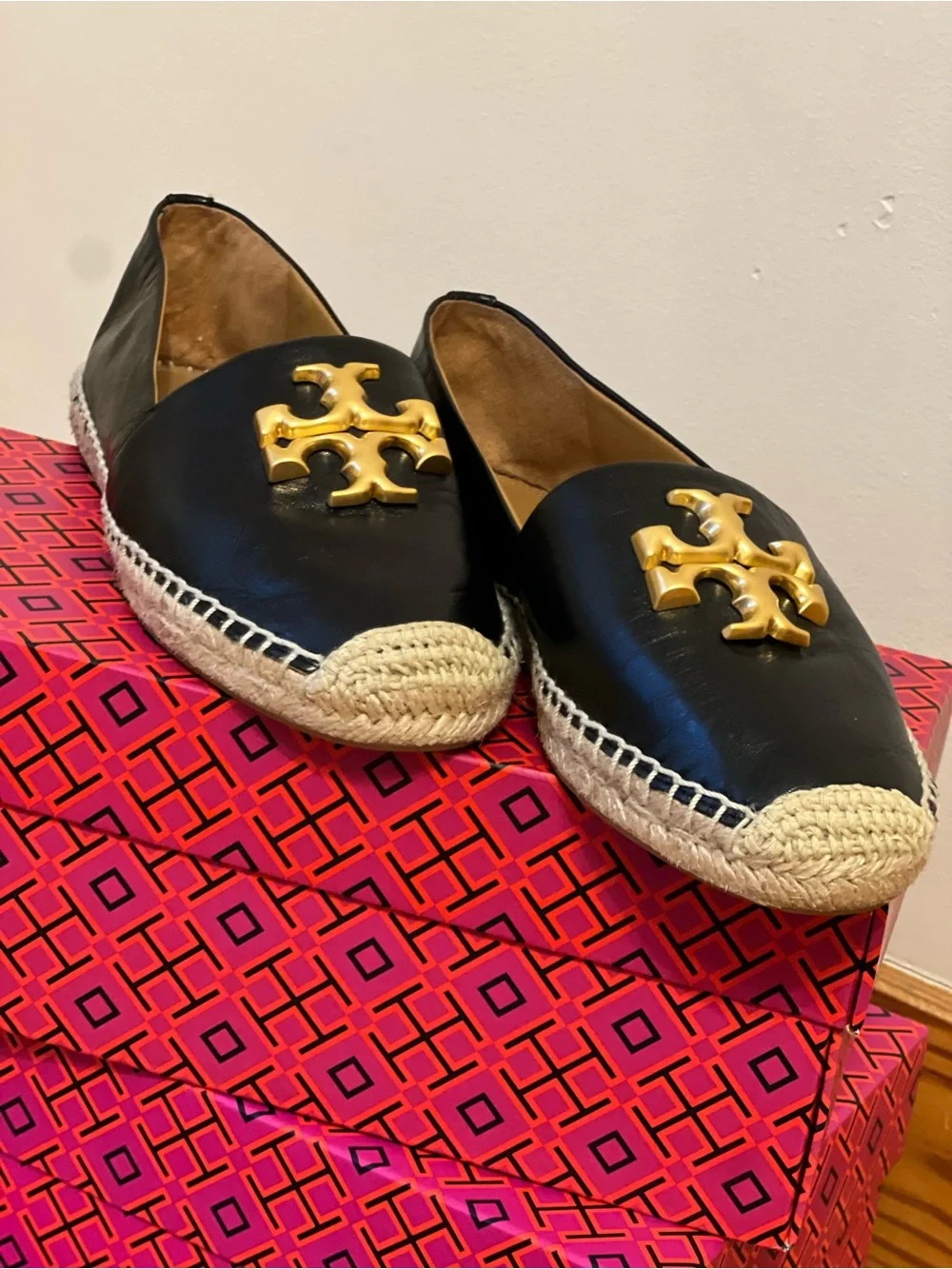 Tory Burch Black Leather Espadrille Flats with Gold Logo